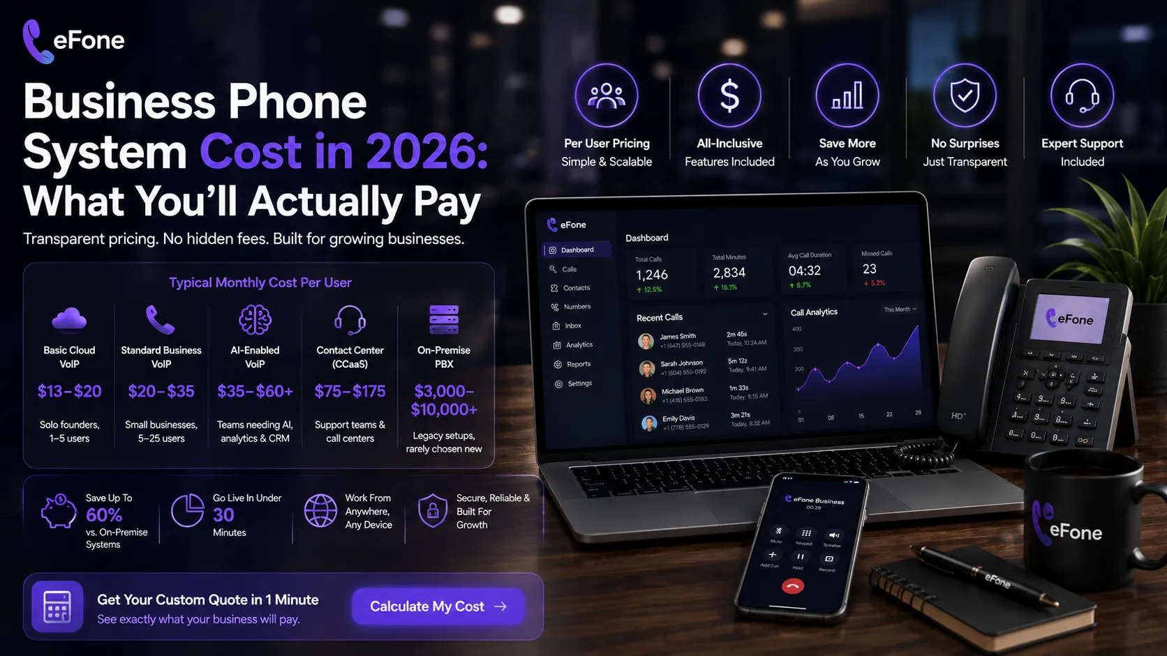 Business phone system cost breakdown comparing cloud VoIP and on-premise PBX pricing in 2026